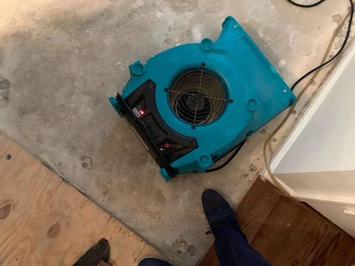 Air mover drying subfloor during Leak Detection & Repair in Marrero